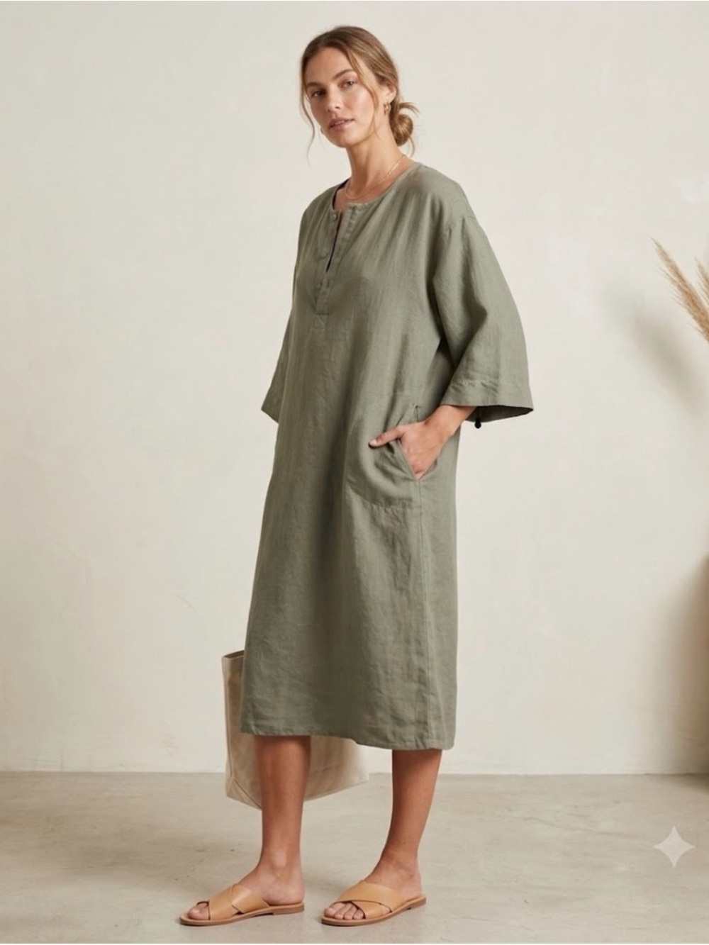 Parachute Olive Green Taupe Linen Midi Dress, House Dress with Pockets, Size XS